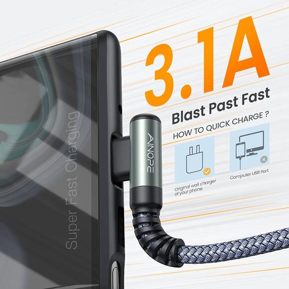 Set of 2 AINOPE RIGHT ANGLE USB TYPE C CABLE - Picture 1 of 7